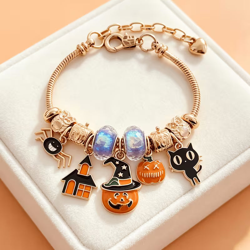 Halloween Pumpkin Pendant Bracelet, Paired with a Wizard Hat and Black Cat Pendant, Featuring an Adjustable Snake Bone Chain